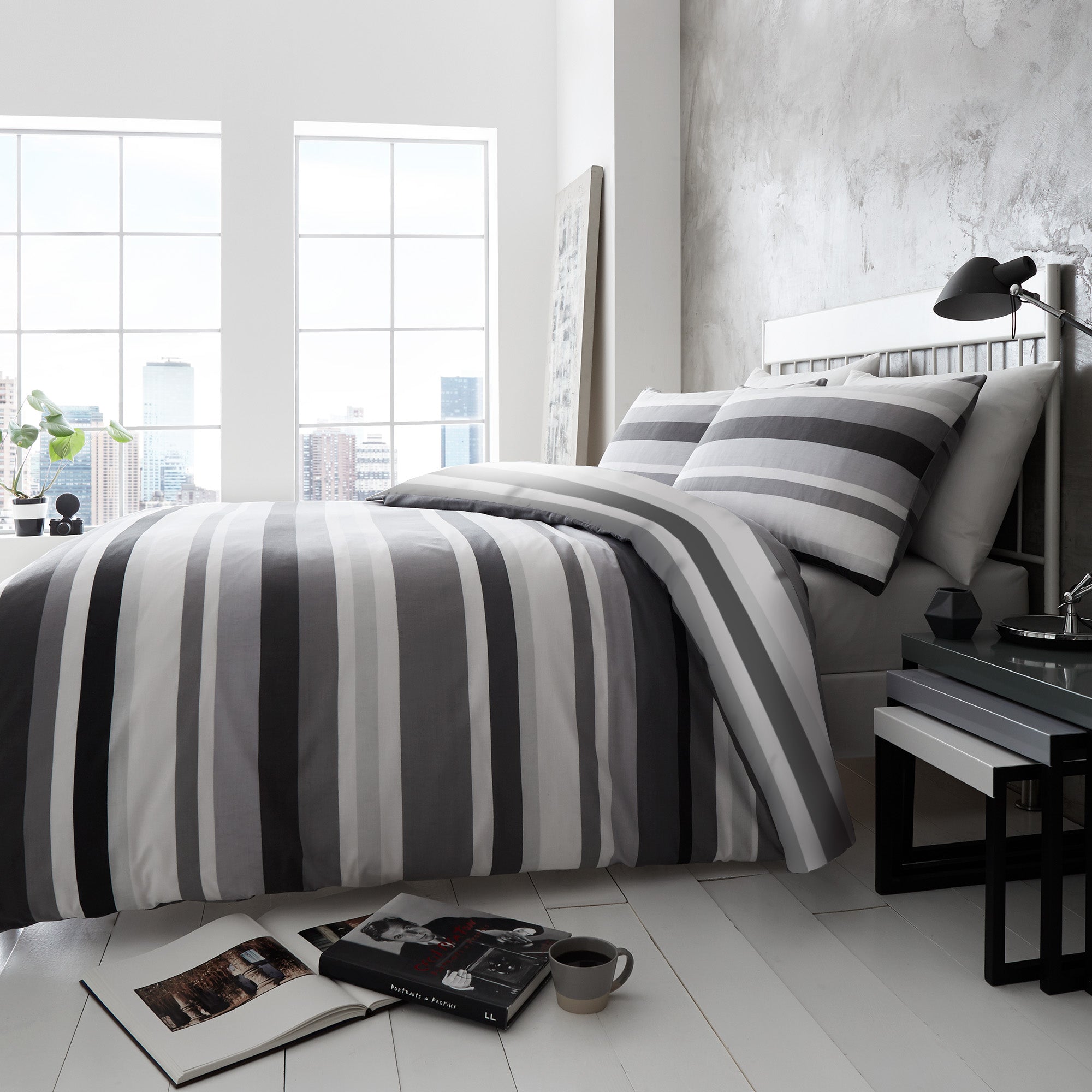 Long single duvet cover, Scandinavian design black, grey and white striped duvet cover set