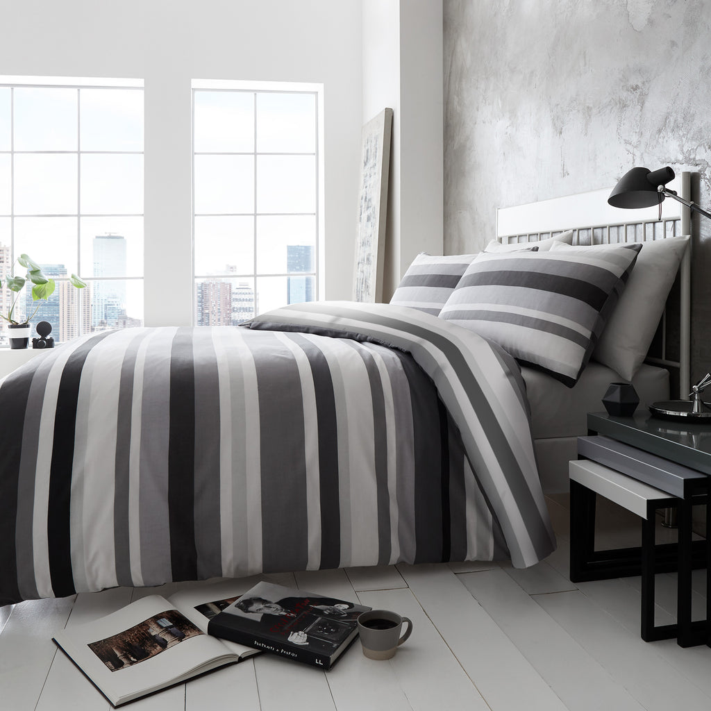 Long single duvet cover, Scandinavian design black, grey and white striped duvet cover set